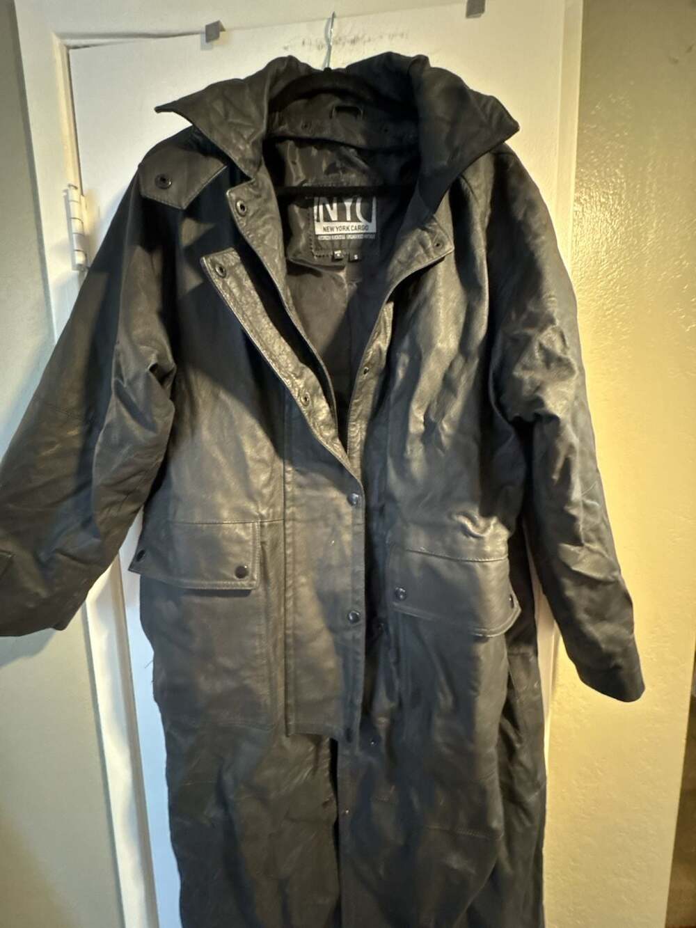 NYC New York Cargo Genuine Leather European Style Black Duster Coat Size S